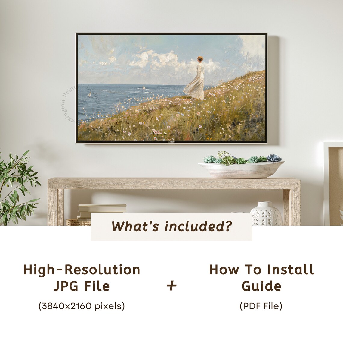 Woman on a Wildflower Cliff Above the Sea Coastal Painting Poster - Image 6