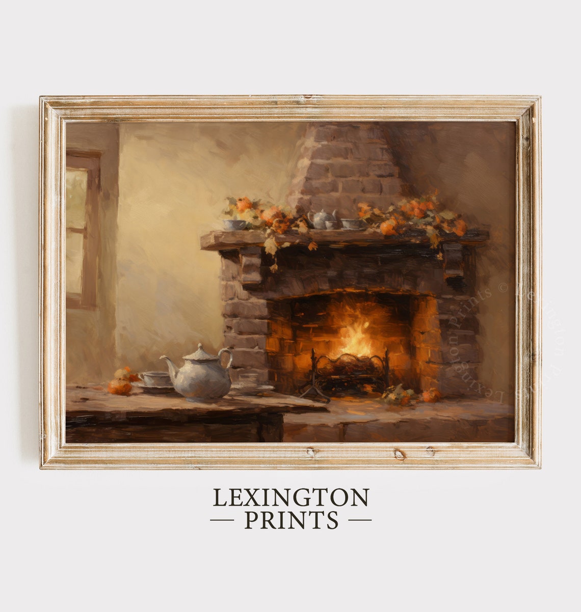 Stone Fireplace with Fire and Autumn Mantel Cozy Fall Interior Poster - Image 8