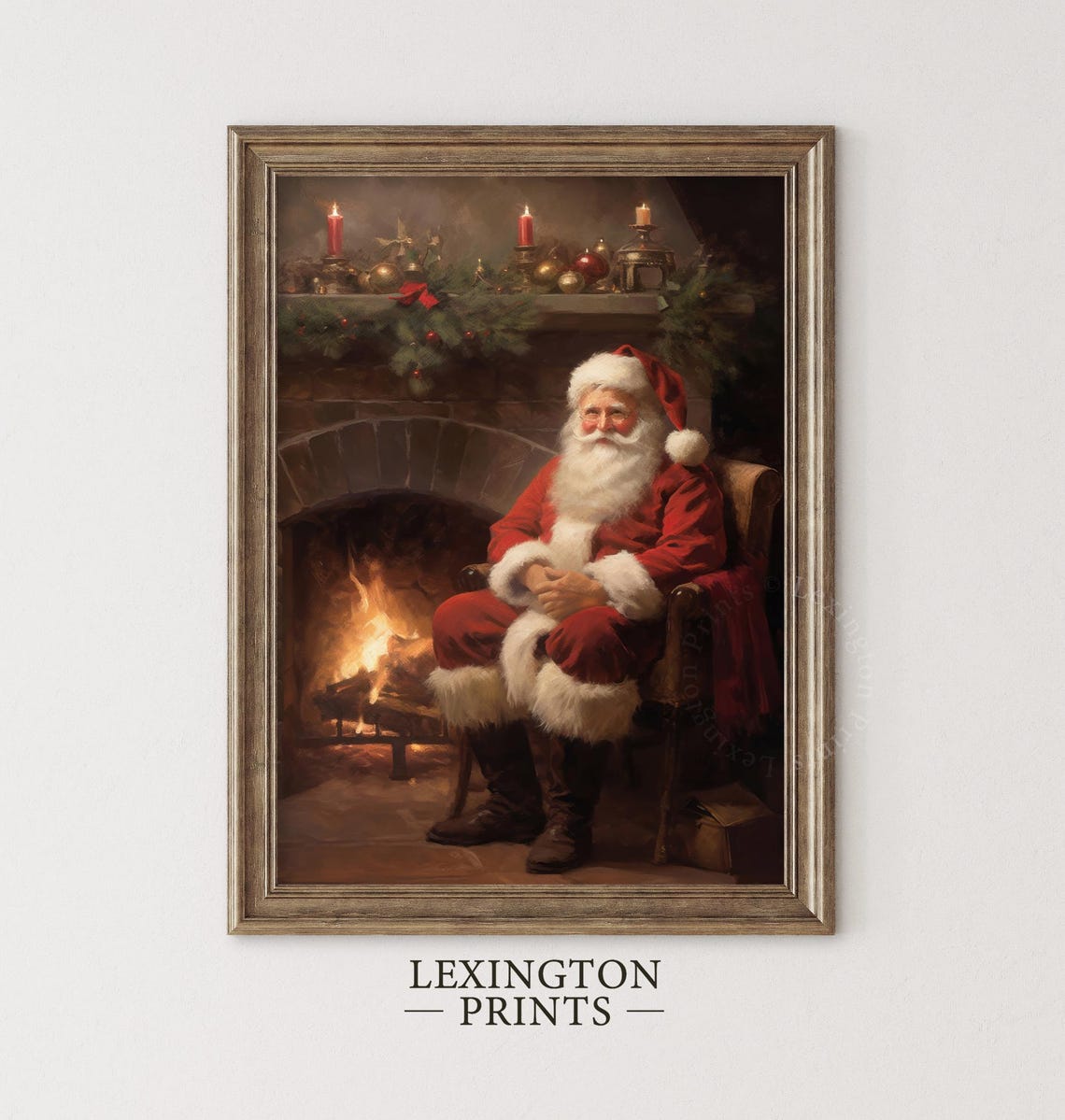 Santa Fireplace Vintage Christmas Wall Art Christmas Santa Painting Christmas Holiday Art Winter Print Santa Christmas Print Seasonal 407 - Image 4