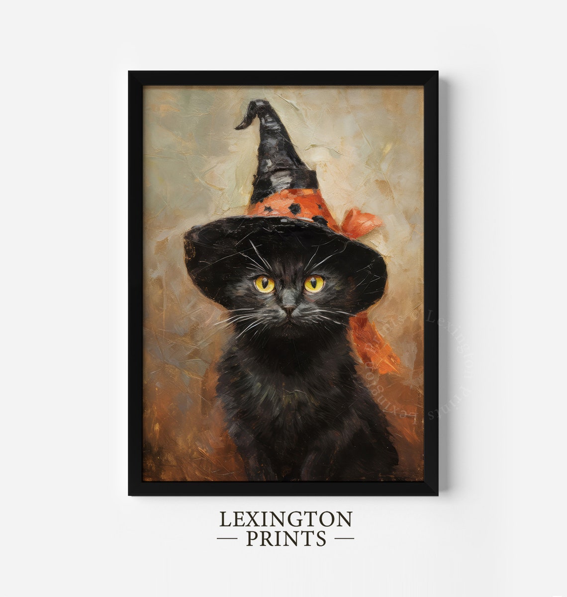 Black Cat With Yellow Eyes Wearing Witch Hat With Orange Bow Poster - Image 3