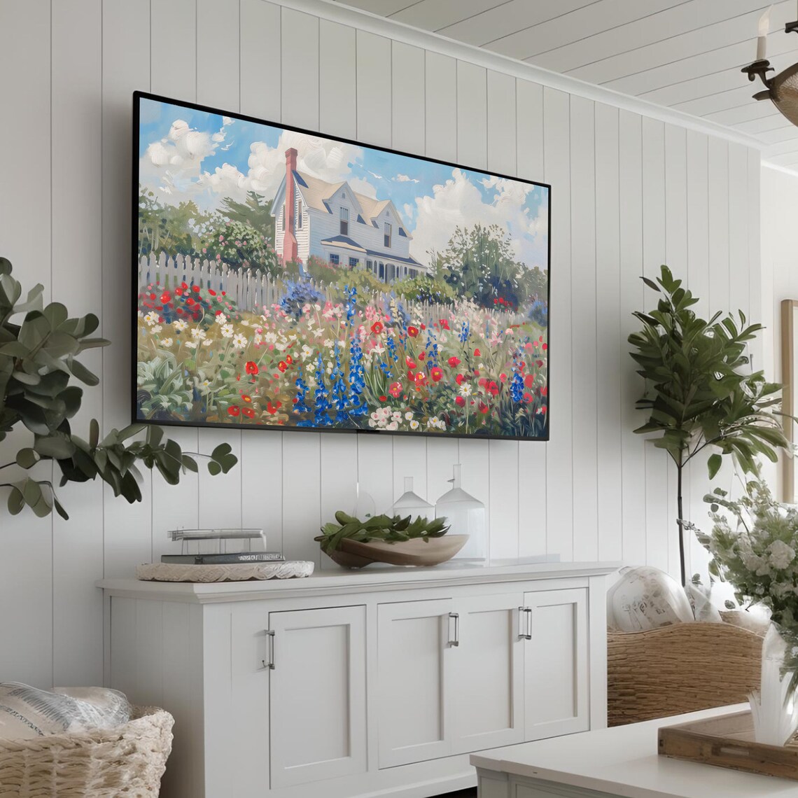 White Cottage Wildflower Garden Patriotic Red Blue Floral Poster - Image 3