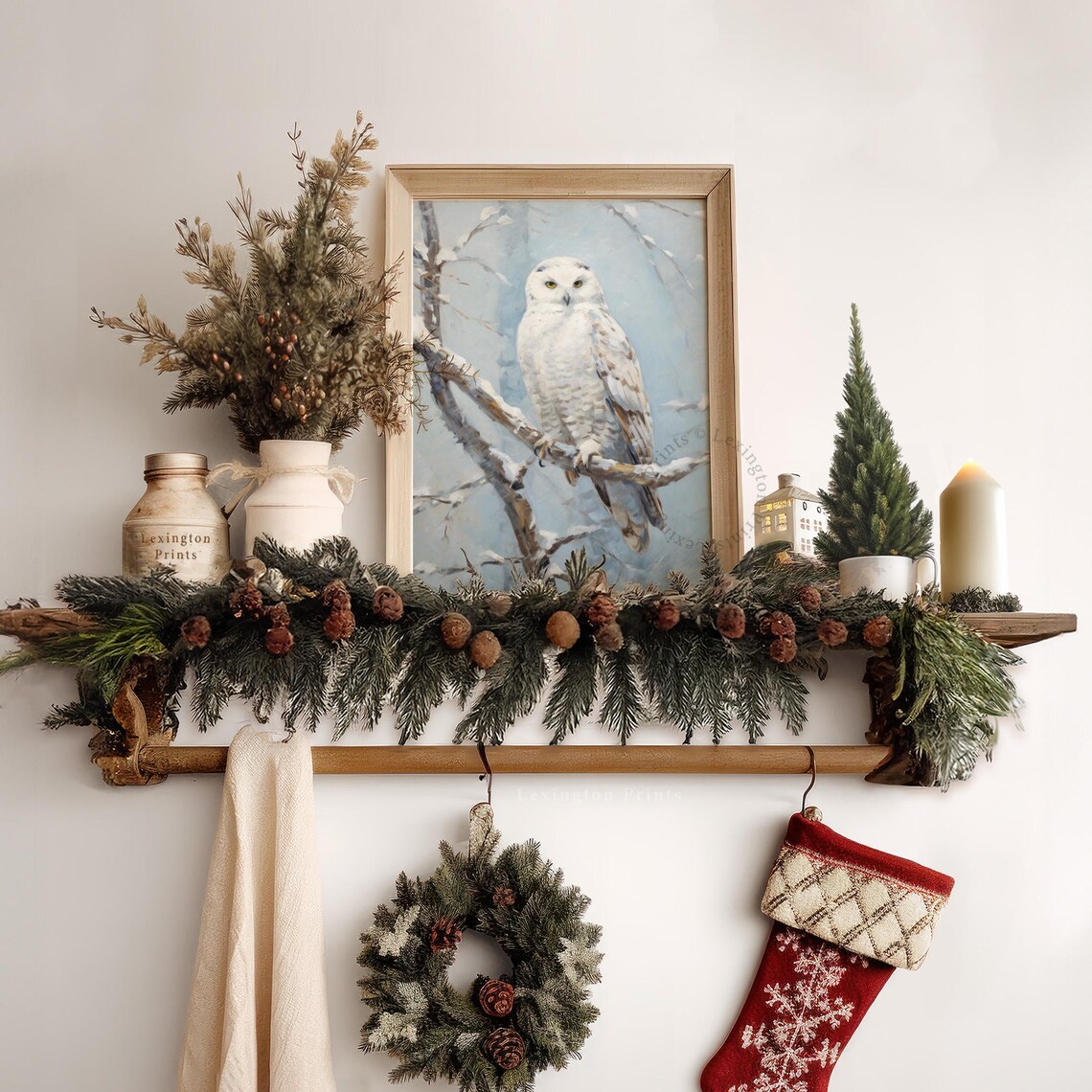 Snowy White Owl Perched on Branch Winter Wildlife Painting Poster - Image 7