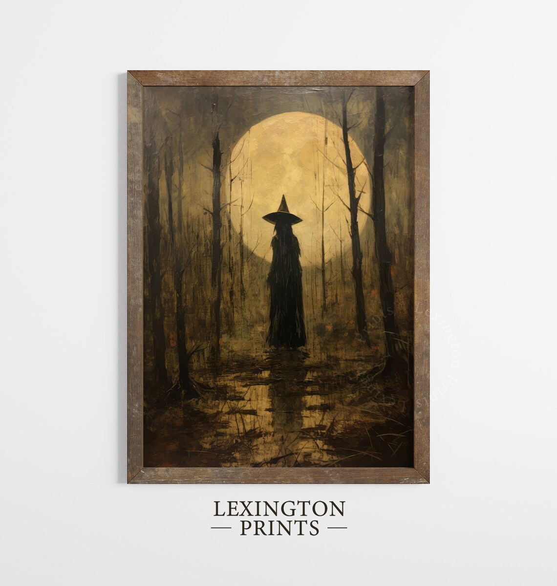 Witch Silhouette Before Giant Golden Full Moon Dark Forest Halloween Poster - Image 7