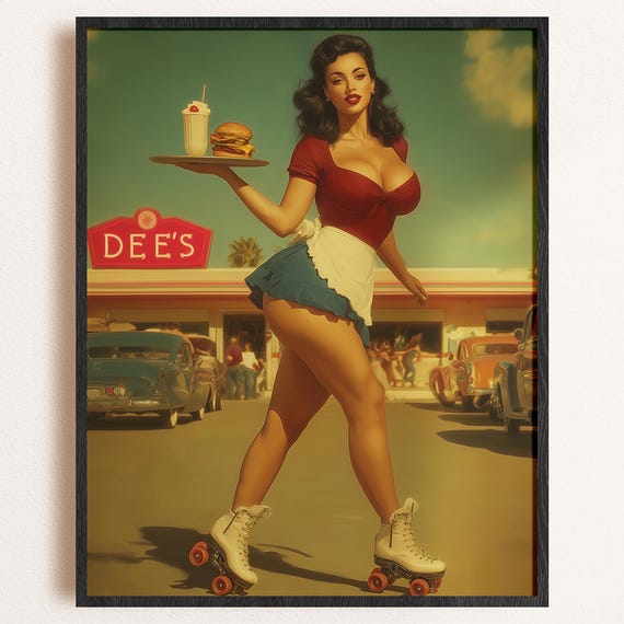 1950s Retro Pinup Diner Girl On Roller Skates Wall Art Instant