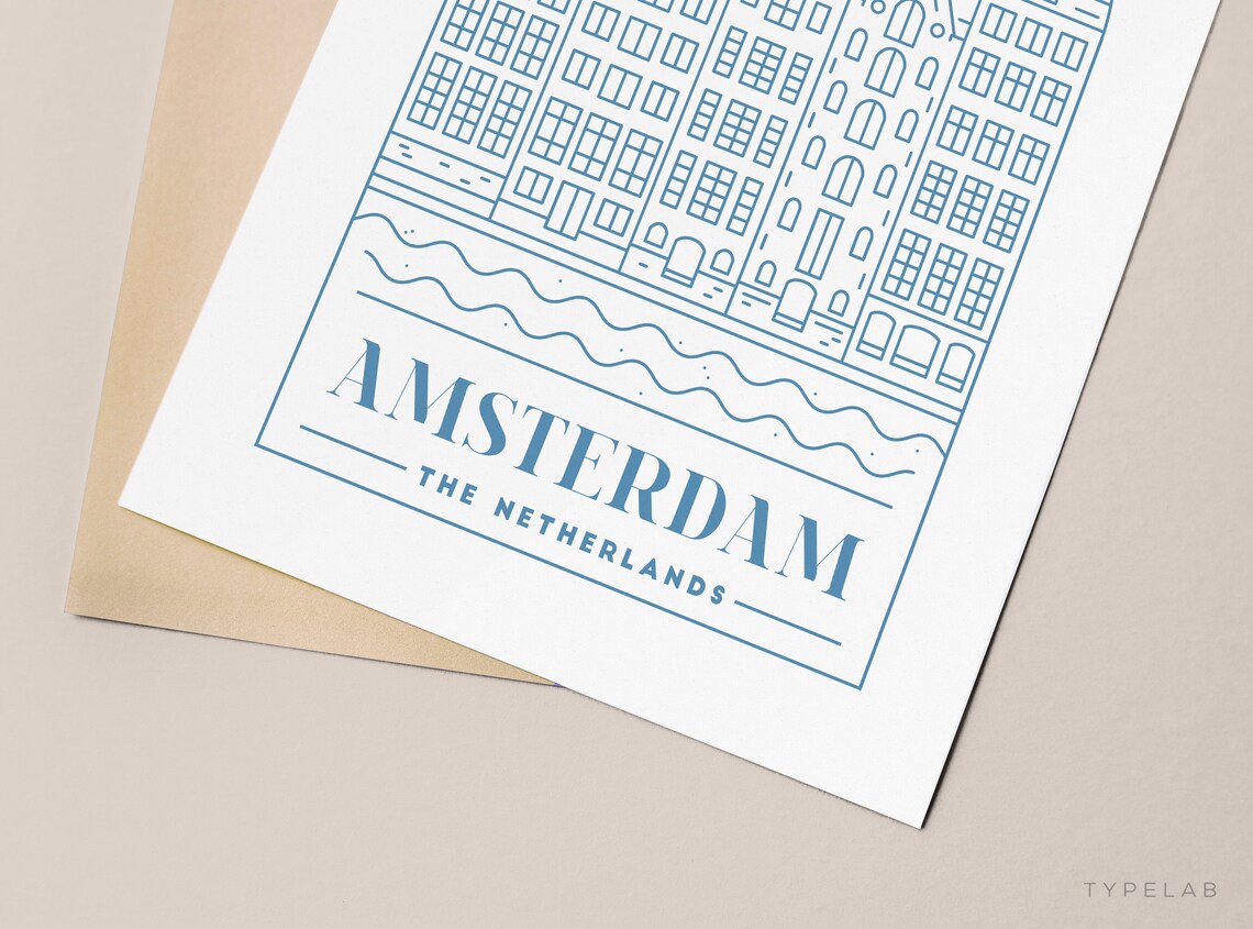 Amsterdam Canal Houses Blue Line Art Netherlands Travel Poster - Image 2