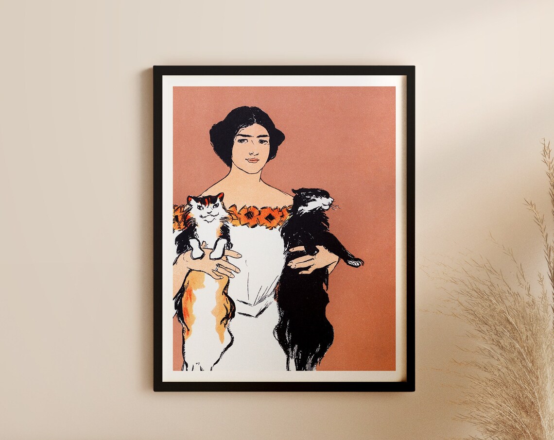Vintage Art Deco Woman With Two Cats Art Print