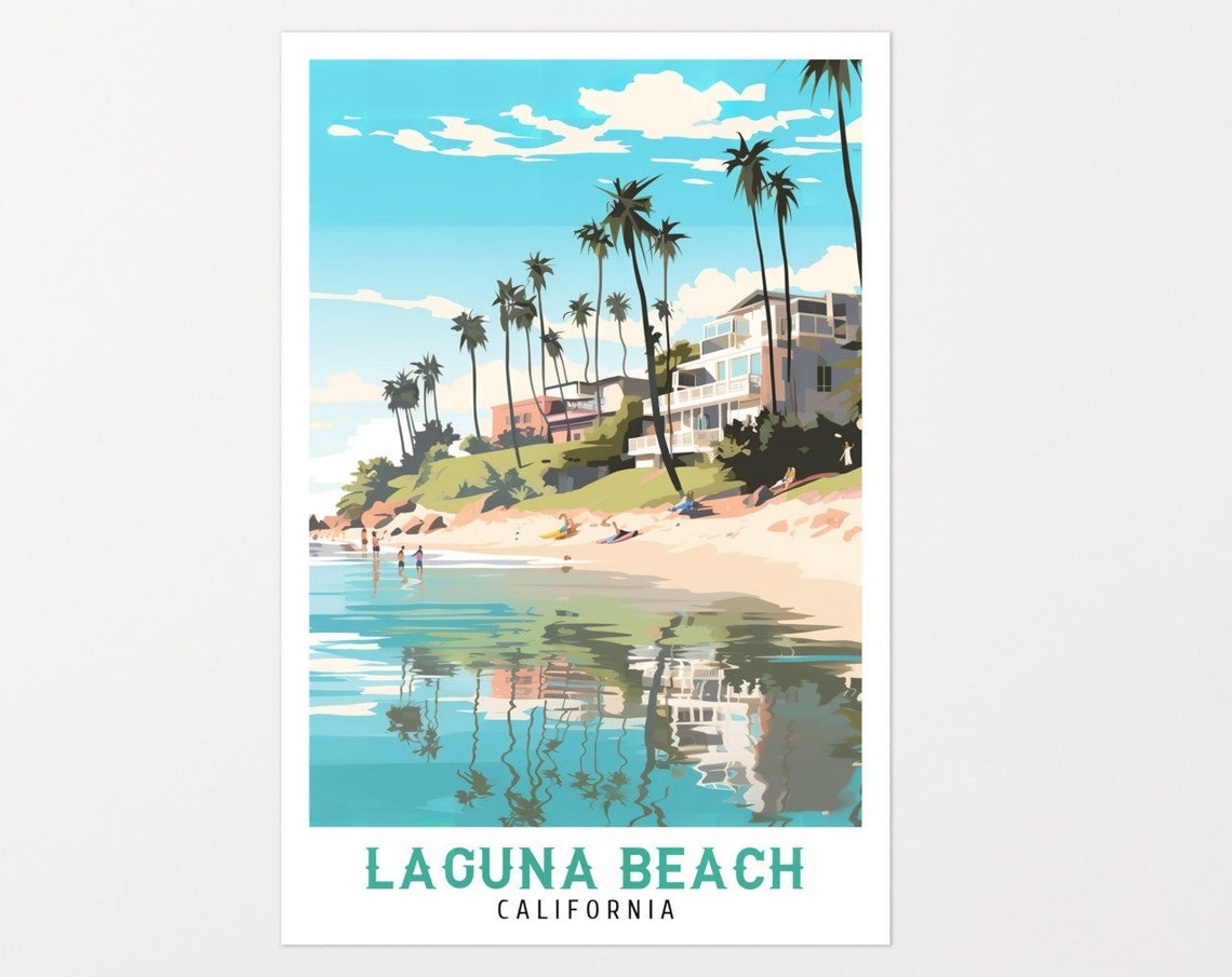Laguna Beach California Calm Cove Houses Palm Reflection Travel Poster