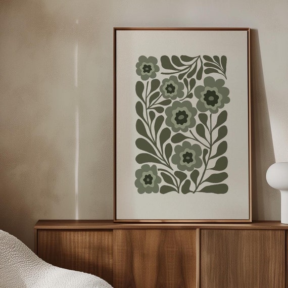 Sage Green Flower Poster Abstract Botanical Art Boho Flower Art Matisse Style Floral Poster Green And White Botanical Print