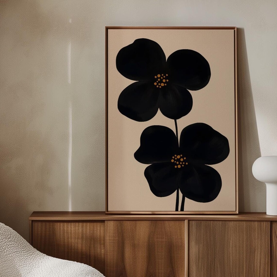 Black And Beige Retro Flower Abstract Botanical Japandi Wall Art