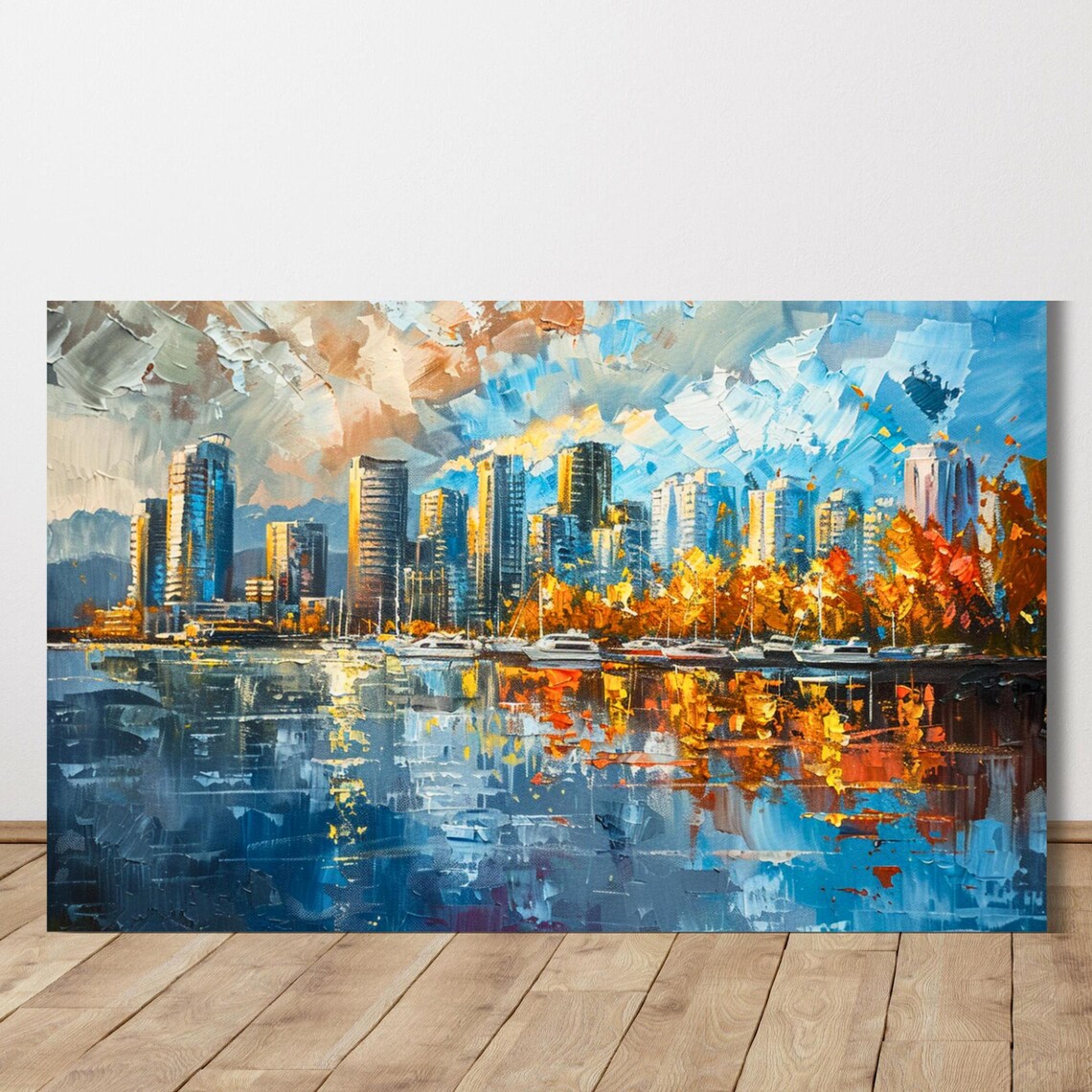 Colorful Harbor City Skyline Reflection Bold Oil Style Poster - Image 2