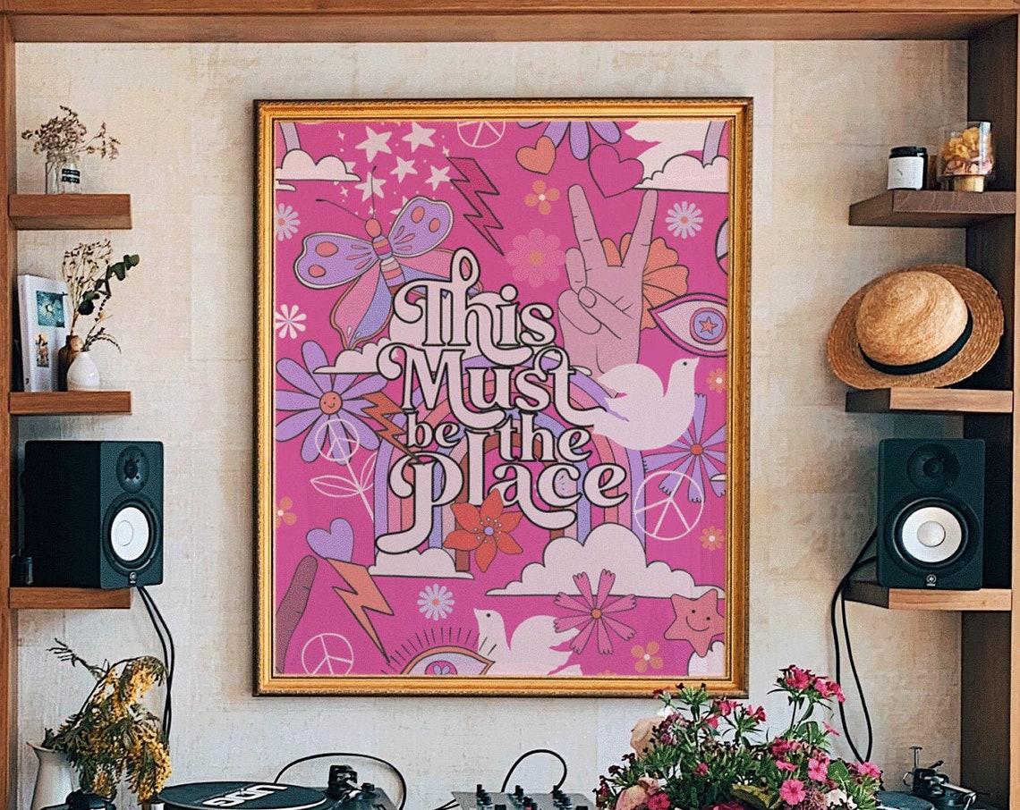 This Must Be The Place Pink Groovy Flower Power 70s Art Poster