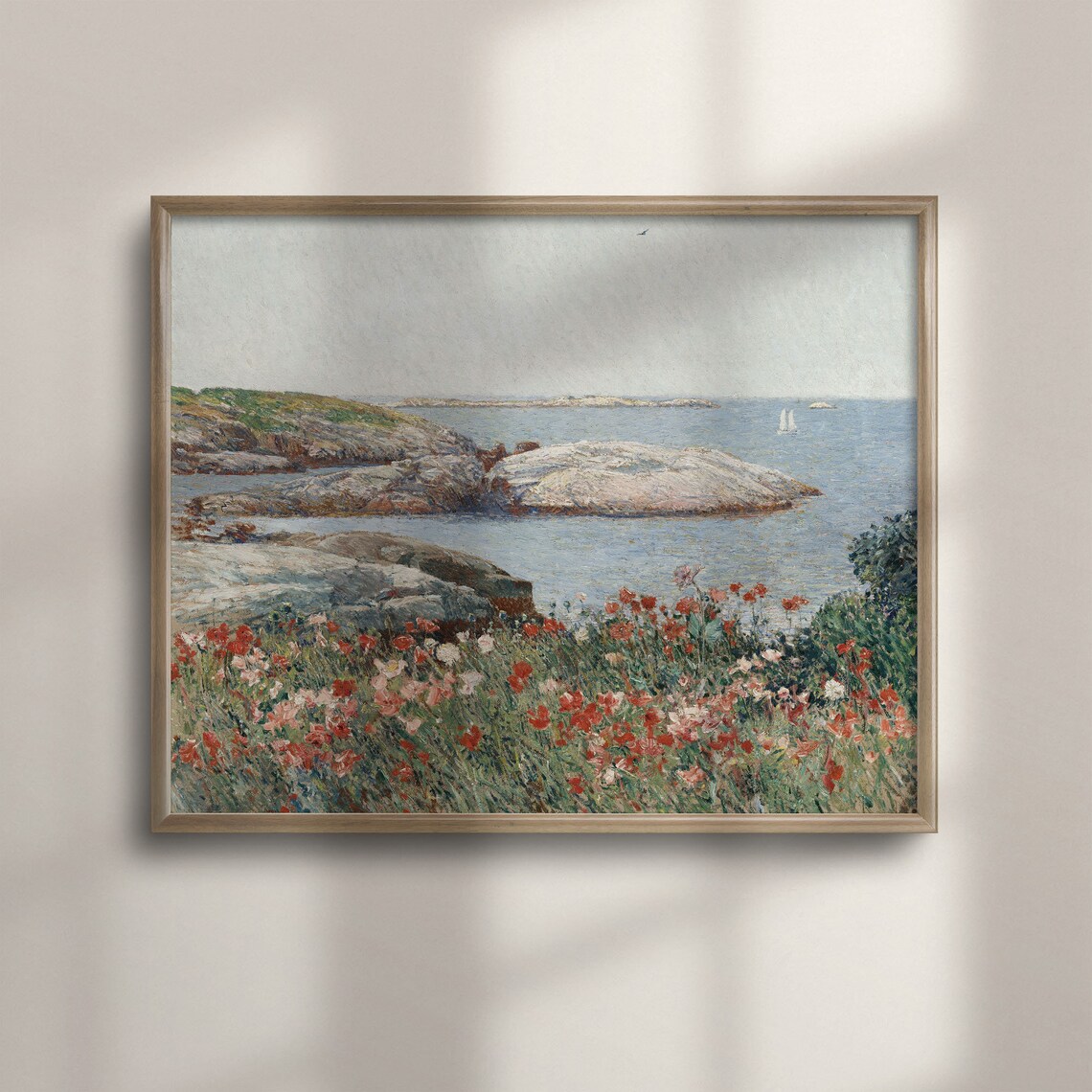 Vintage Rocky Coast Poppies Sailboat Sea Floral Seascape Poster