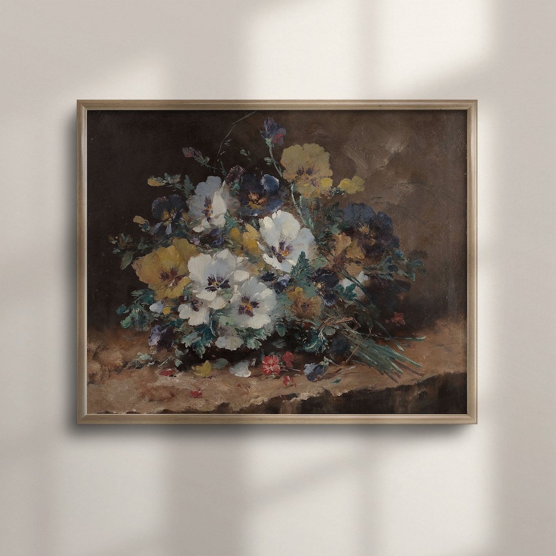 Vintage Pansy Still Life Moody Dark Floral Oil Painting Poster