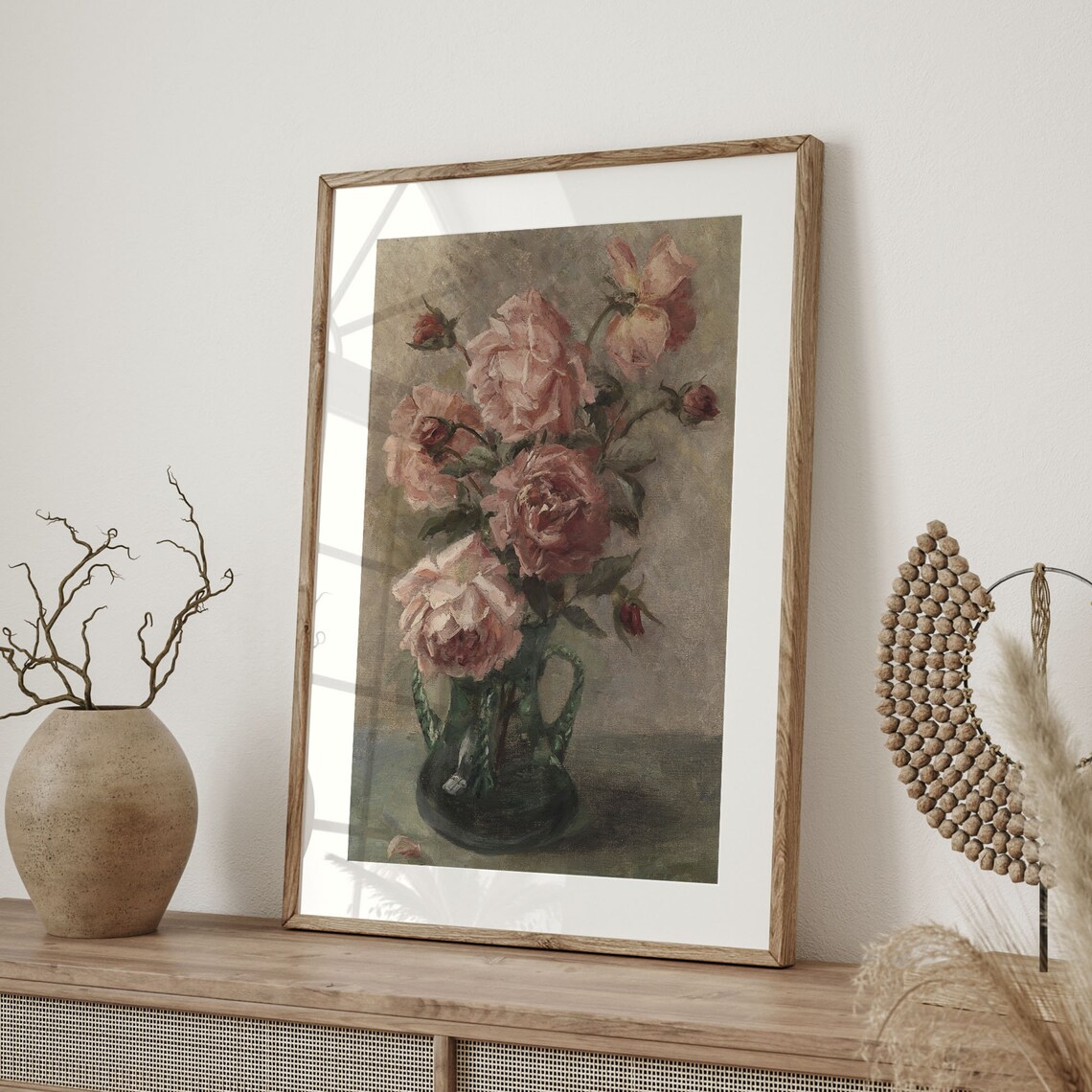 Pink Roses in Green Glass Vase Vintage Floral Oil Painting Poster - Image 4