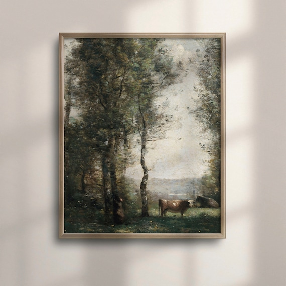 Vintage Cow Pasture Landscape Antique Farm Animal Countryside Poster