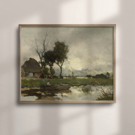 Vintage River Landscape Painting Muted Green Farmhouse Wall Art Antique Bedroom Dcor Country Art Poster C16 210