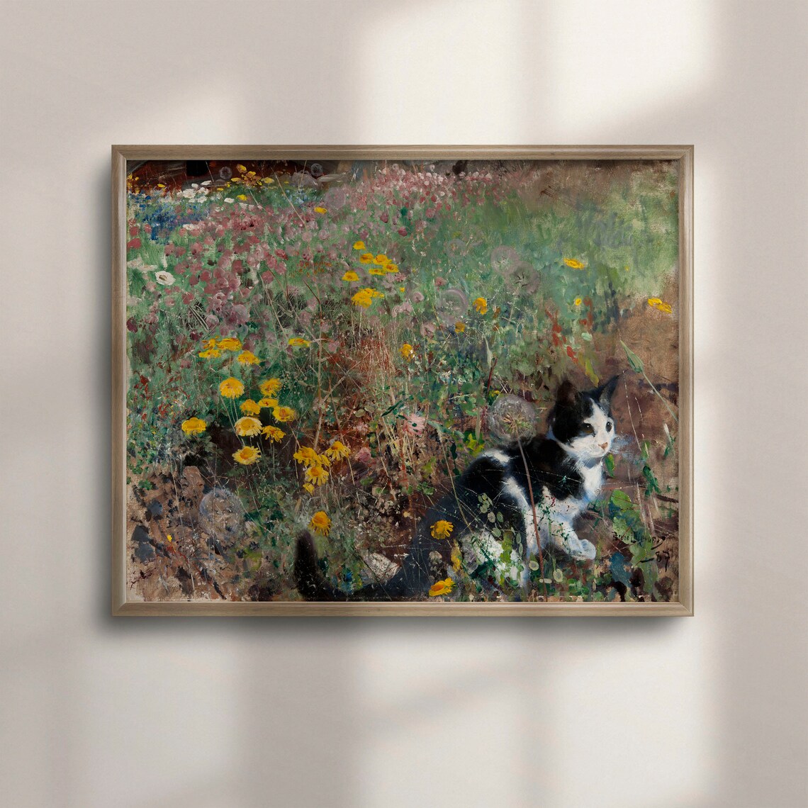Vintage Cat Portrait, Wild Flowers Art Print