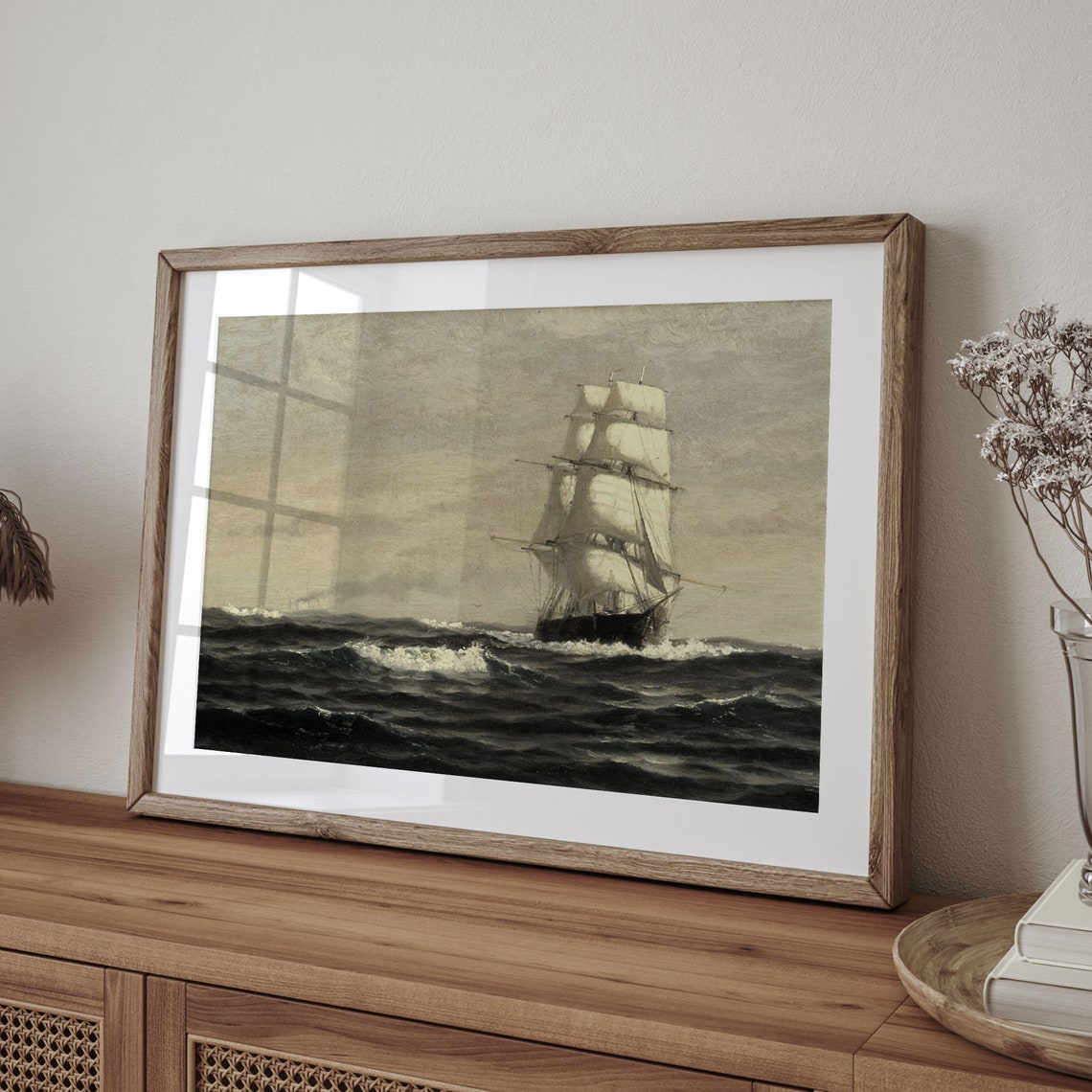 Antique Tall Ship Under Full Sail On A Dark Choppy Sea Painting Print - Image 4