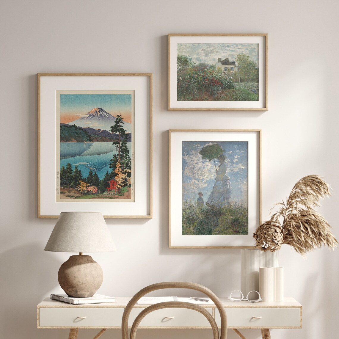 Mount Fuji over Lake Hakone Japanese Woodblock with a Red Shrine Poster - Image 2