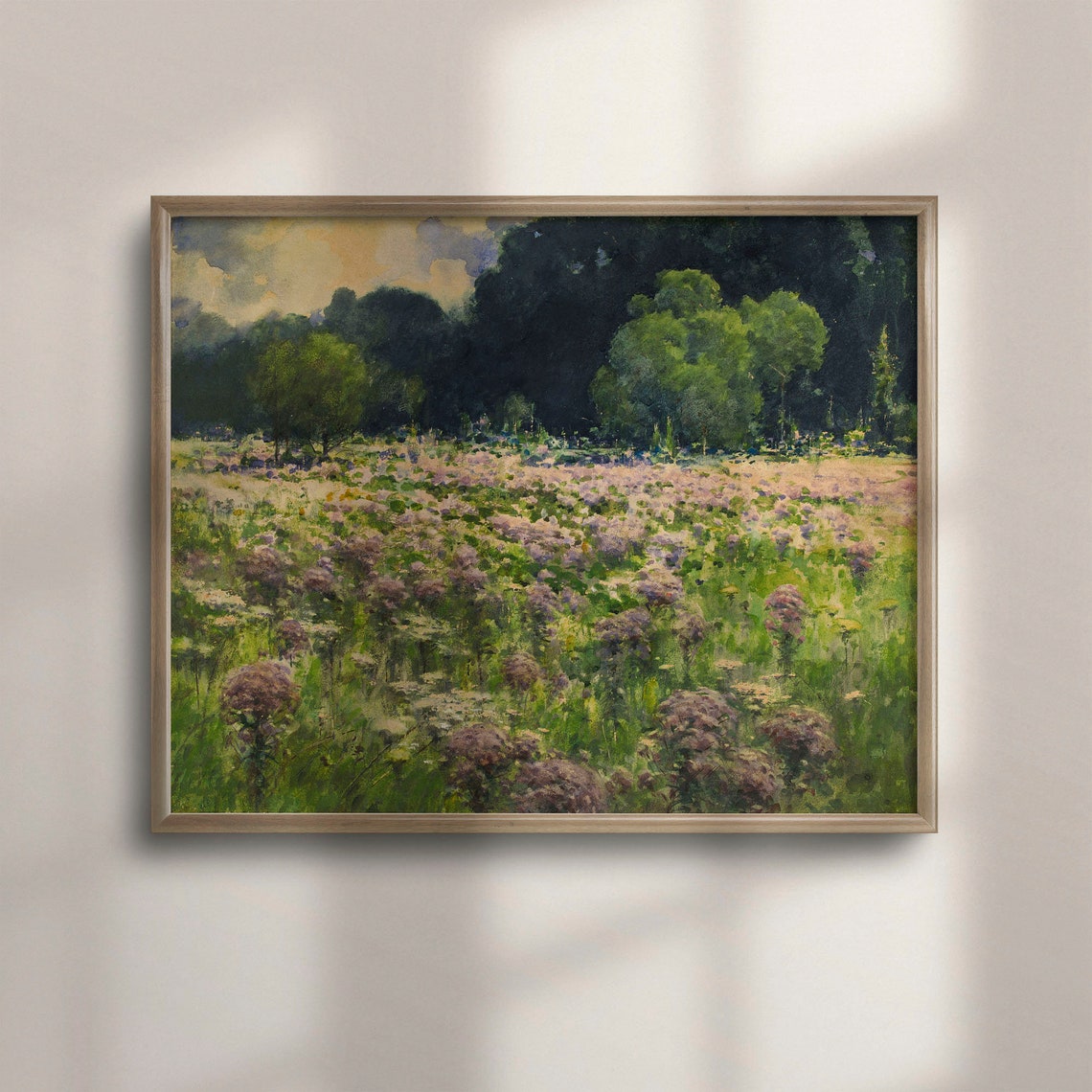 Vintage Wildflower Meadow Pink Blooms Dark Forest Art Poster
