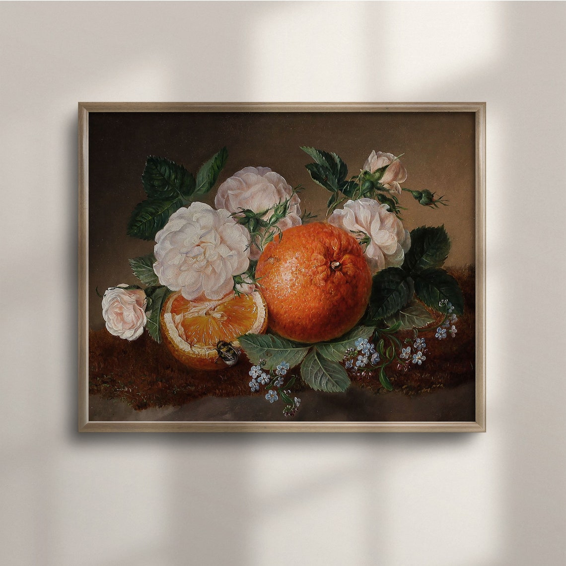Oranges and White Roses Vintage Botanical Still Life Painting Poster