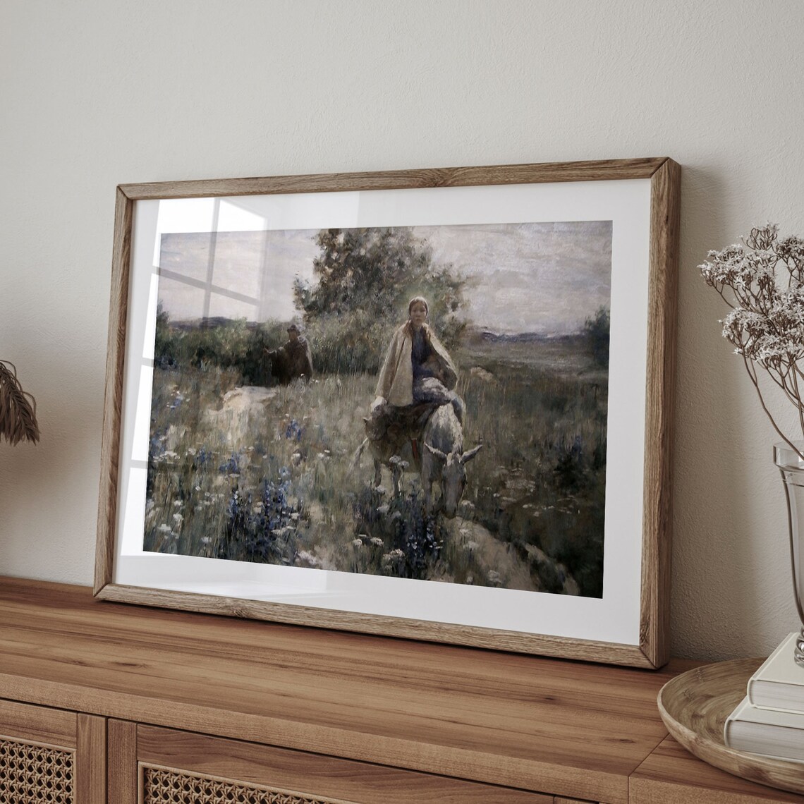 Young Woman Riding Donkey Wildflower Meadow Vintage Pastoral Painting Poster - Image 4