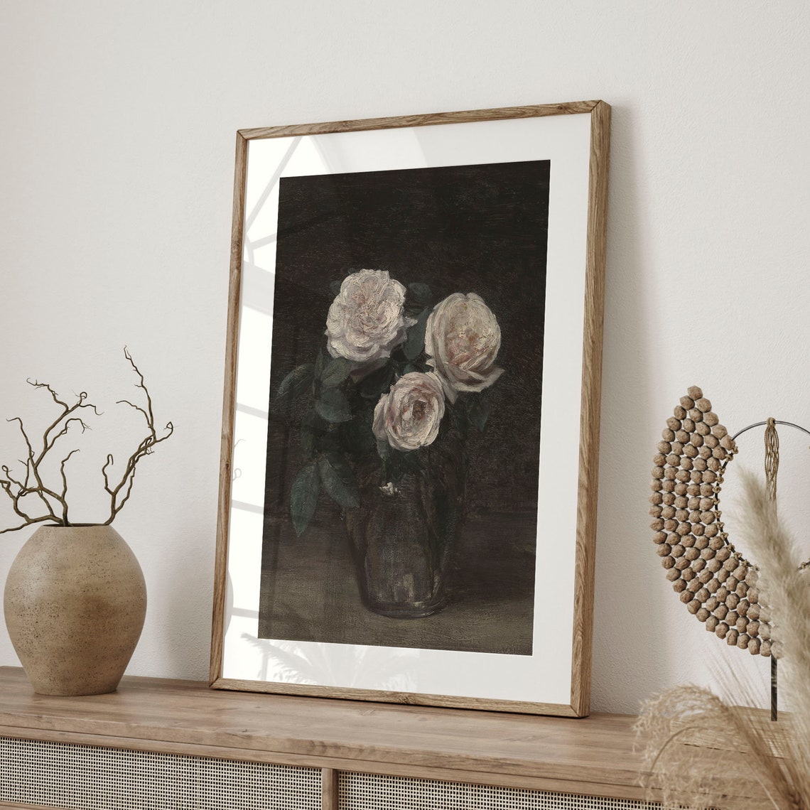 Three White Roses In Vase Moody Dark Floral Still Life Art Poster - Image 4
