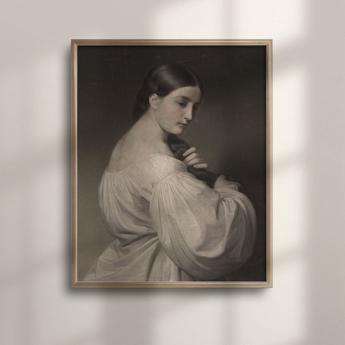 Woman in White Dress Dark Background Antique Portrait Painting Poster