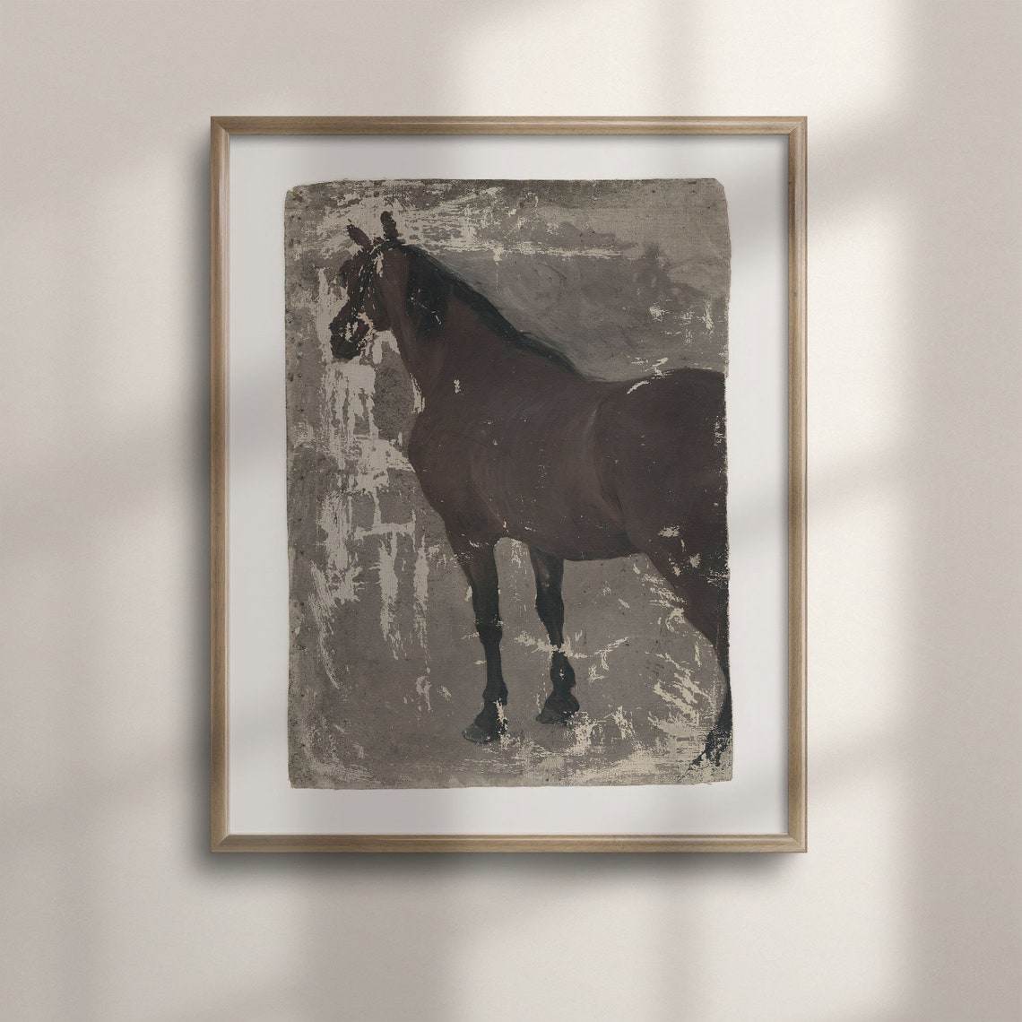 Dark Horse Study Antique Equine Oil Painting Rustic Canvas Art Poster