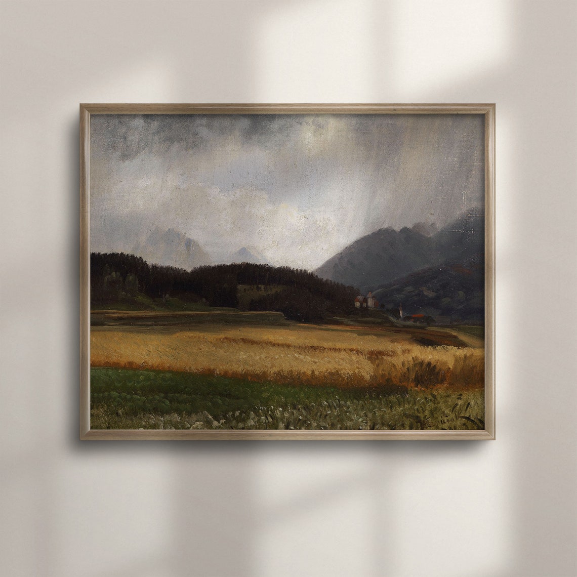 Stormy Mountain Valley Golden Wheat Field Vintage Landscape Poster