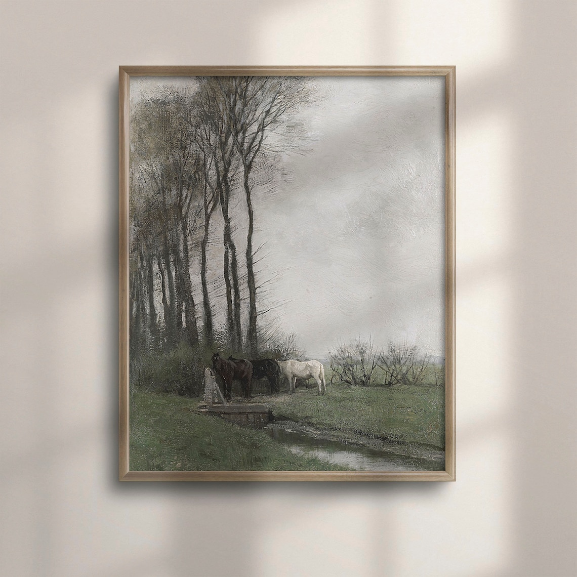 Horses Drinking at Stream Misty Vintage Farmhouse Landscape Poster