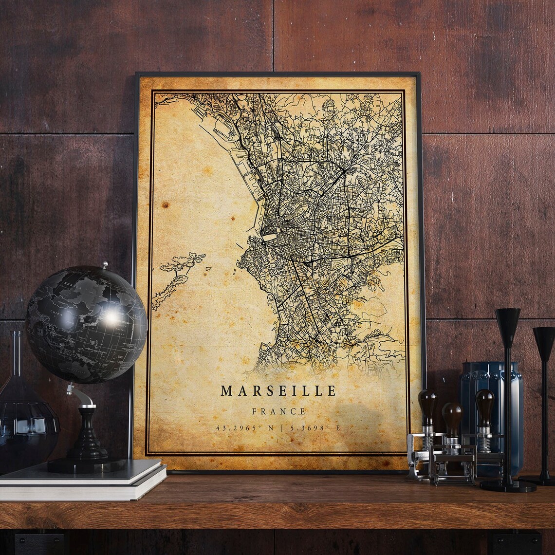 Marseille France Vintage City Street Map European Coast Travel Poster