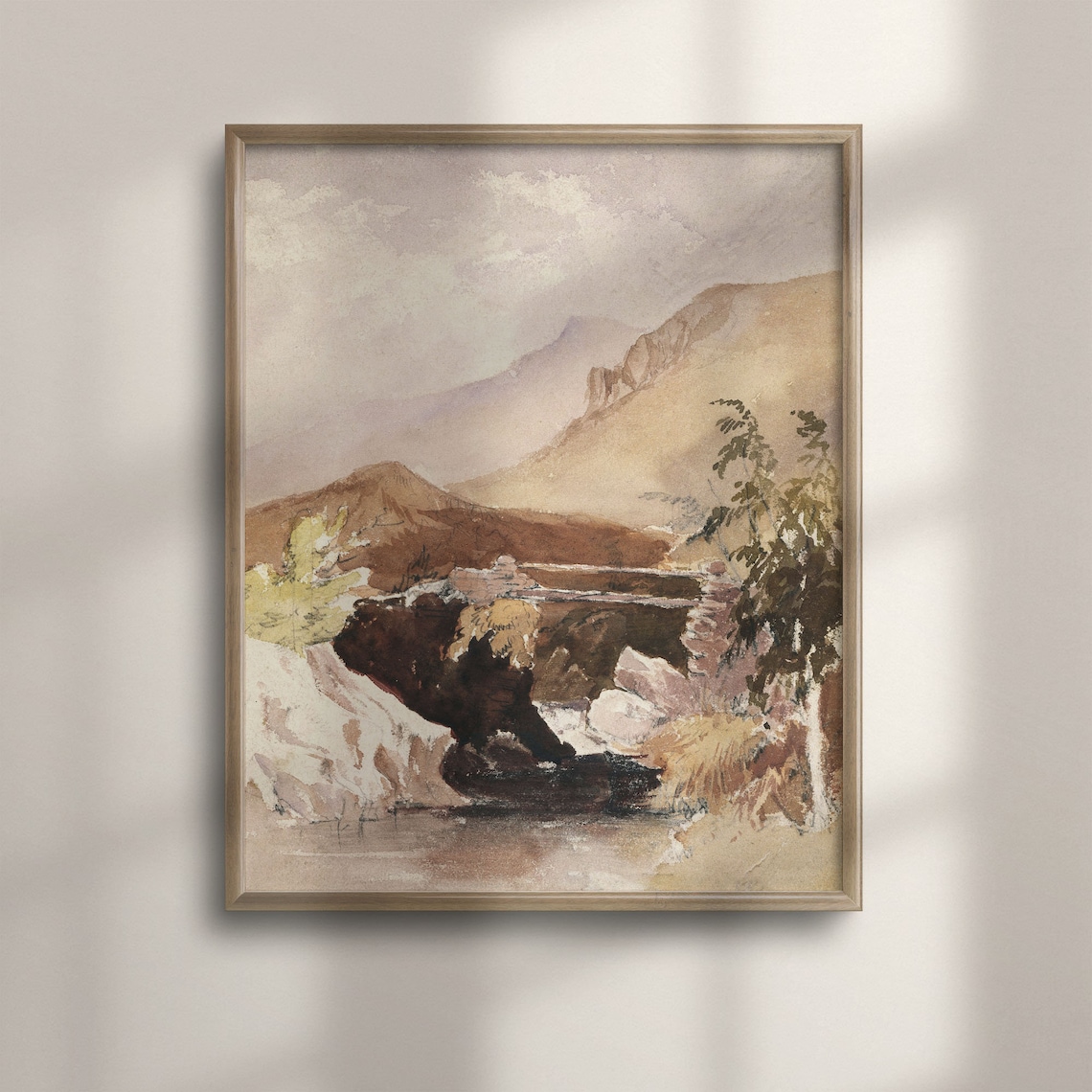 Antique Watercolor Mountain Landscape With Stone Bridge Art Poster