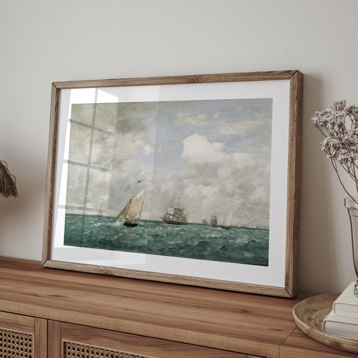 Sailing Ships on a Teal Ocean Under Cloudy Sky Vintage Poster - Image 4