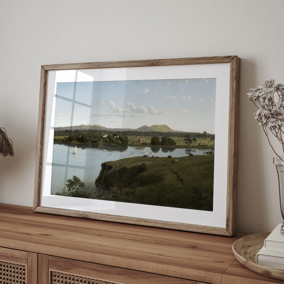 Vintage Lake Panorama Bluff Sailboat Cattle Hills Scene Art Poster - Image 4