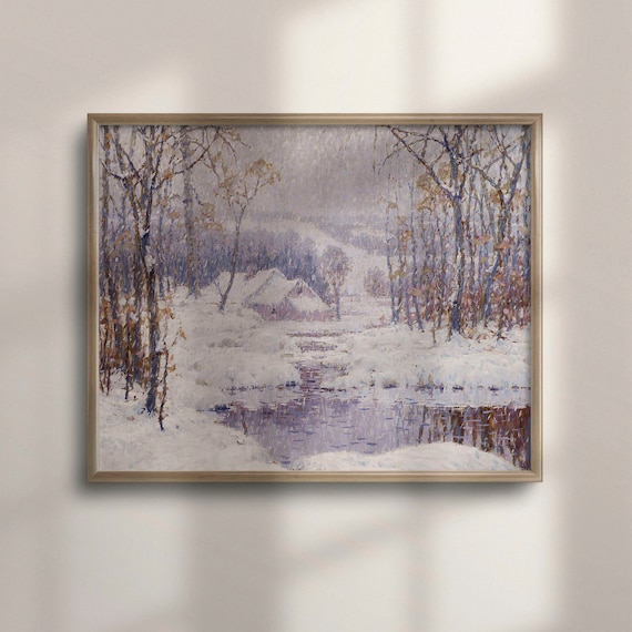 Snowy Woodland Stream with a Cottage in Lavender Winter Poster