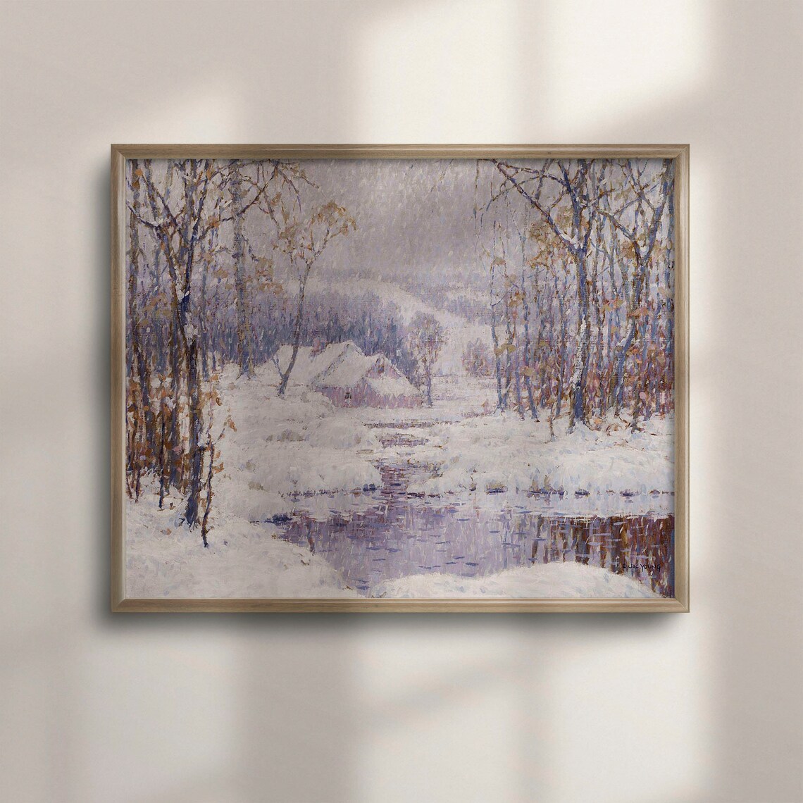 Snowy Woodland Stream with a Cottage in Lavender Winter Poster