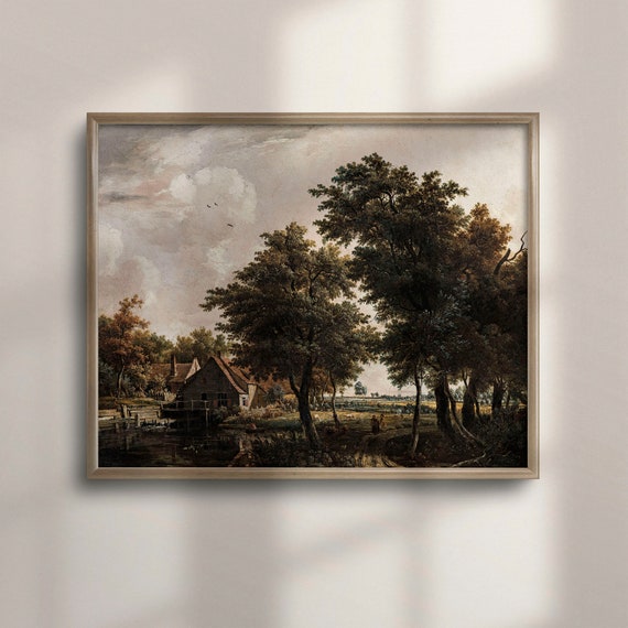 Countryside Oil Painting Rustic Farm Landscape Wall Art Marsh And River Scenery Farmhouse Decor C16 619
