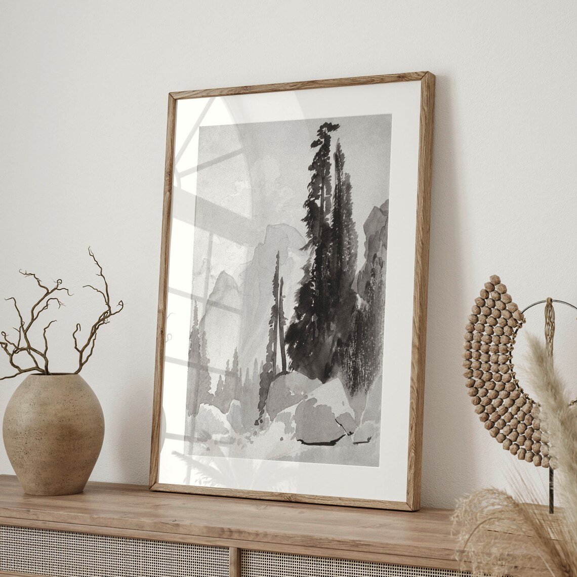 Mountain Pines Ink Wash Rustic Woodland Black White Drawing Art Poster - Image 4