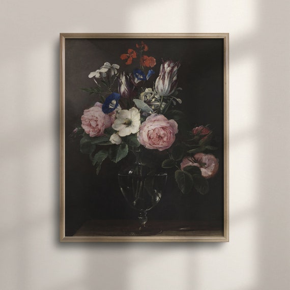 Dark Academia Decor Moody Vintage Floral Art Antique Flower Still Life Oil Painting Farmhouse Wall Decor C16 1461