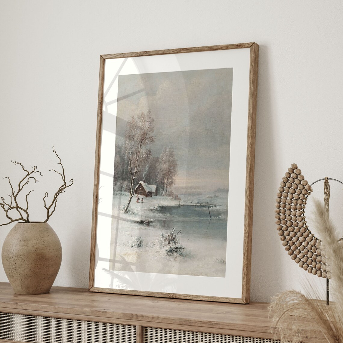 Antique Winter Cabin by Snowy Lake Rustic Oil Painting Poster - Image 4