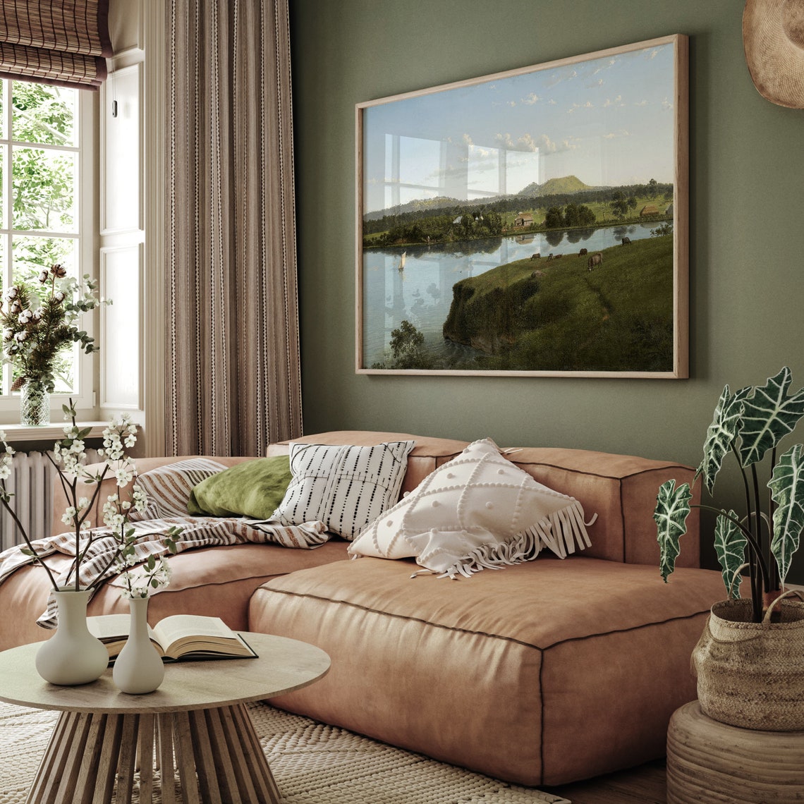 Vintage Lake Panorama Bluff Sailboat Cattle Hills Scene Art Poster - Image 2