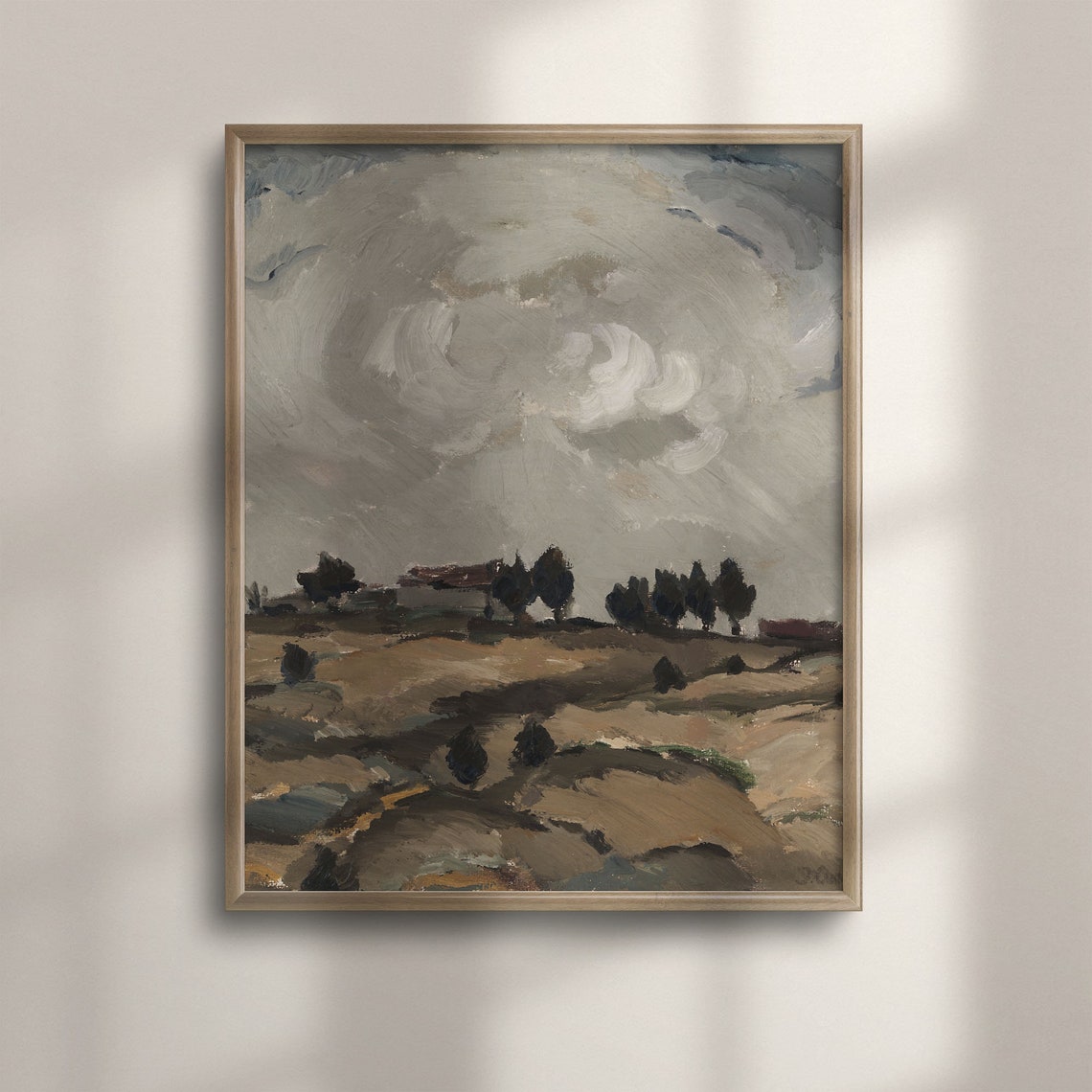 Warm Tone Moody Landscape Swirling Clouds Rustic Field Antique Poster