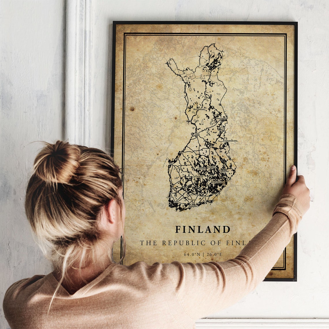 Finland Country Outline Vintage Aged Paper Map With Coordinates Poster - Image 2