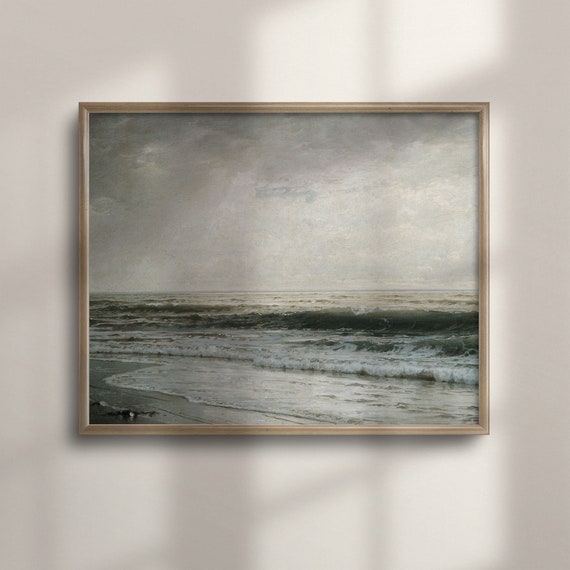 Vintage Nautical Decor Coastal Wall Art Ocean Seascape Painting Moody Tonal Art Muted Beach Scene C16 419