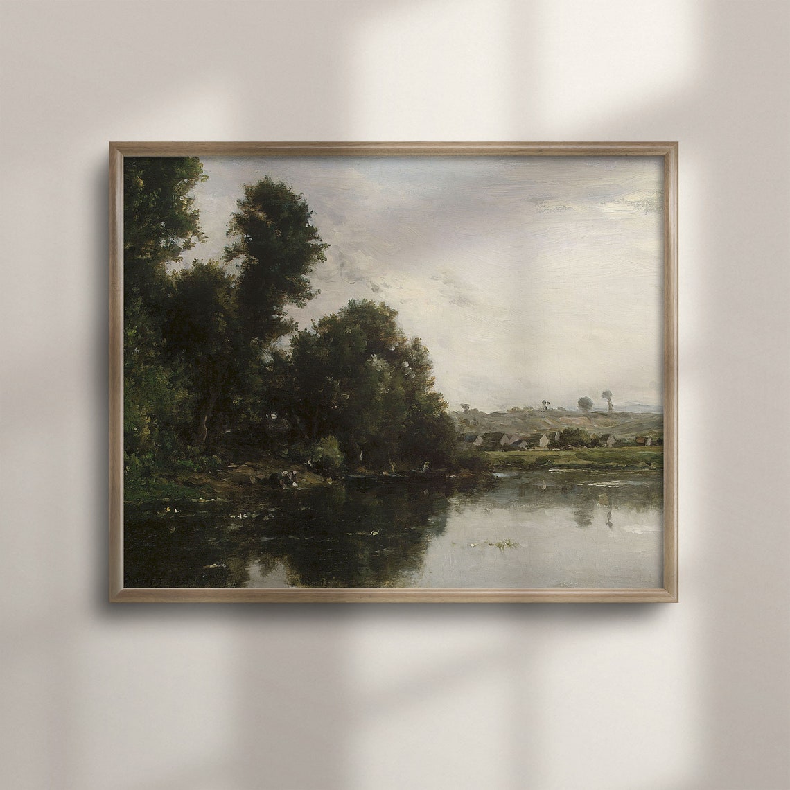 Quiet River with Dark Trees and Distant Village Vintage Poster