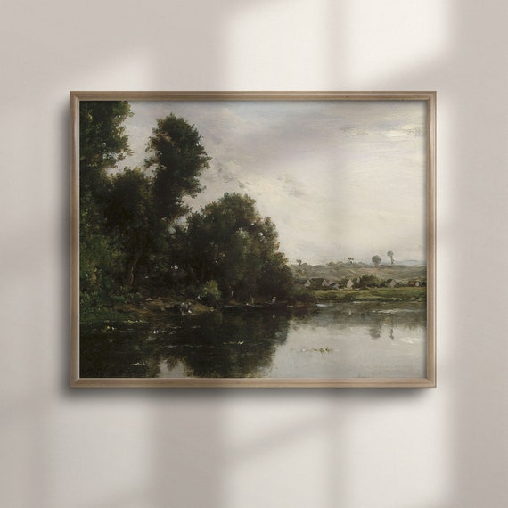 Antique Oil Painting Vintage Landscape Farmhouse Decor Lakeside Marsh Meadow River And Country Cottage Scenery Art C16 589