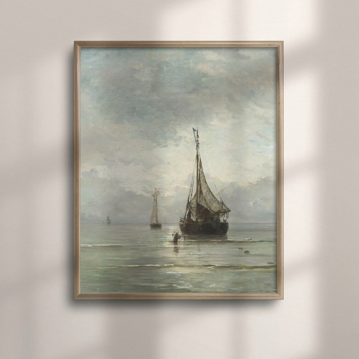 Vintage Coastal Seascape Misty Fishing Boats Calm Water Landscape Poster