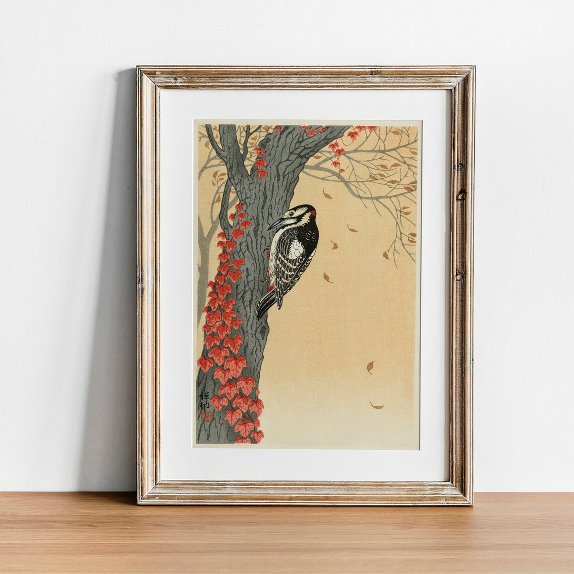 Woodpecker Print, Antique Space Painting Vintage Art