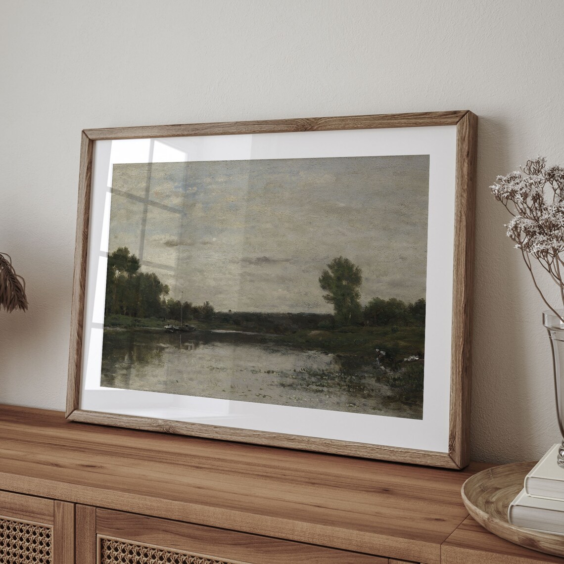Wide River with Sailboat and Wooded Banks Vintage Oil Poster - Image 4